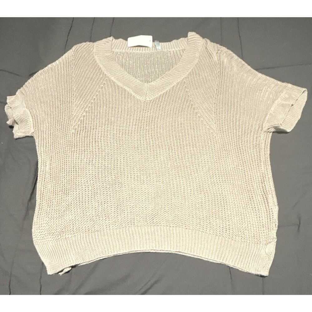 Dolman Women's Beige Open-Knit V-Neck Short Sleeve Pullover Sweater S/M